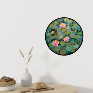 Preview of 'Turquoise Water Lilies Dhoop Chaanv (Tranquil Waters)' Painting by Amita Dand shown on a wall in a furnished room.