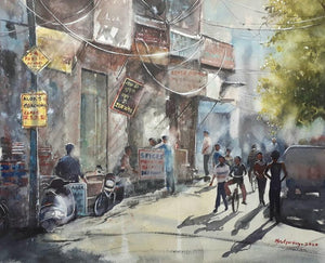 Twilight In Market Area (The Hustle and Bustle of the City) by Mrutyunjaya Dash, Original Watercolor Cityscape Painting on Paper, Small Horizontal Wall Art