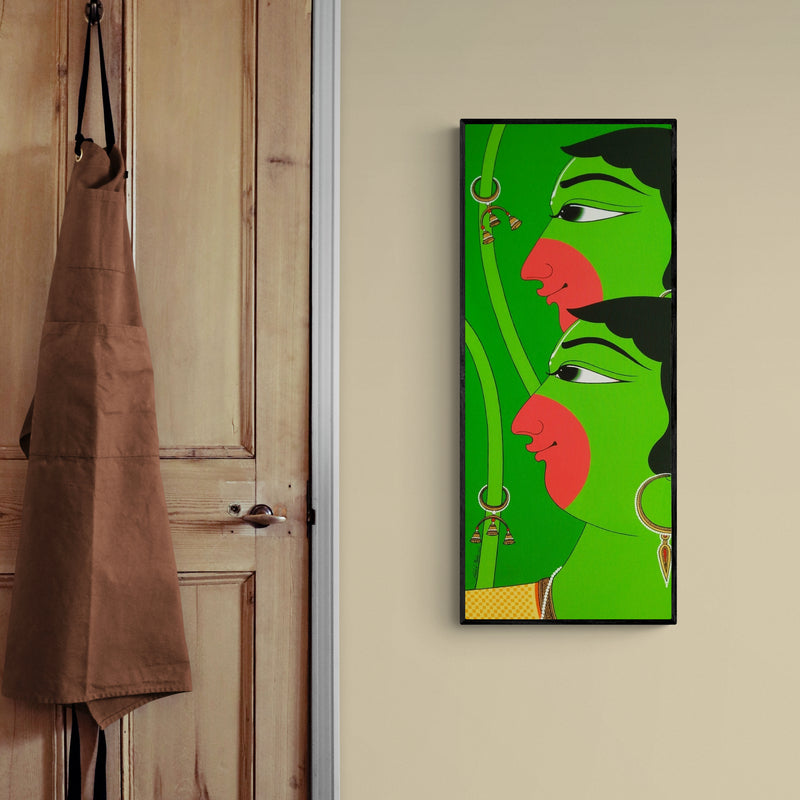 In-situ view of Shahed Pasha's 'Twins (Green Harmony)' painting in a room