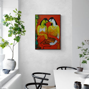 Appam Raghavendra's painting 'Twins' displayed in a modern living room setting