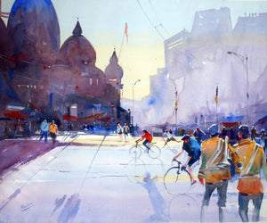 Two Bandwallha by Ravee Songirkar, Original Watercolor Cityscape Painting on Paper, Small Horizontal Wall Art