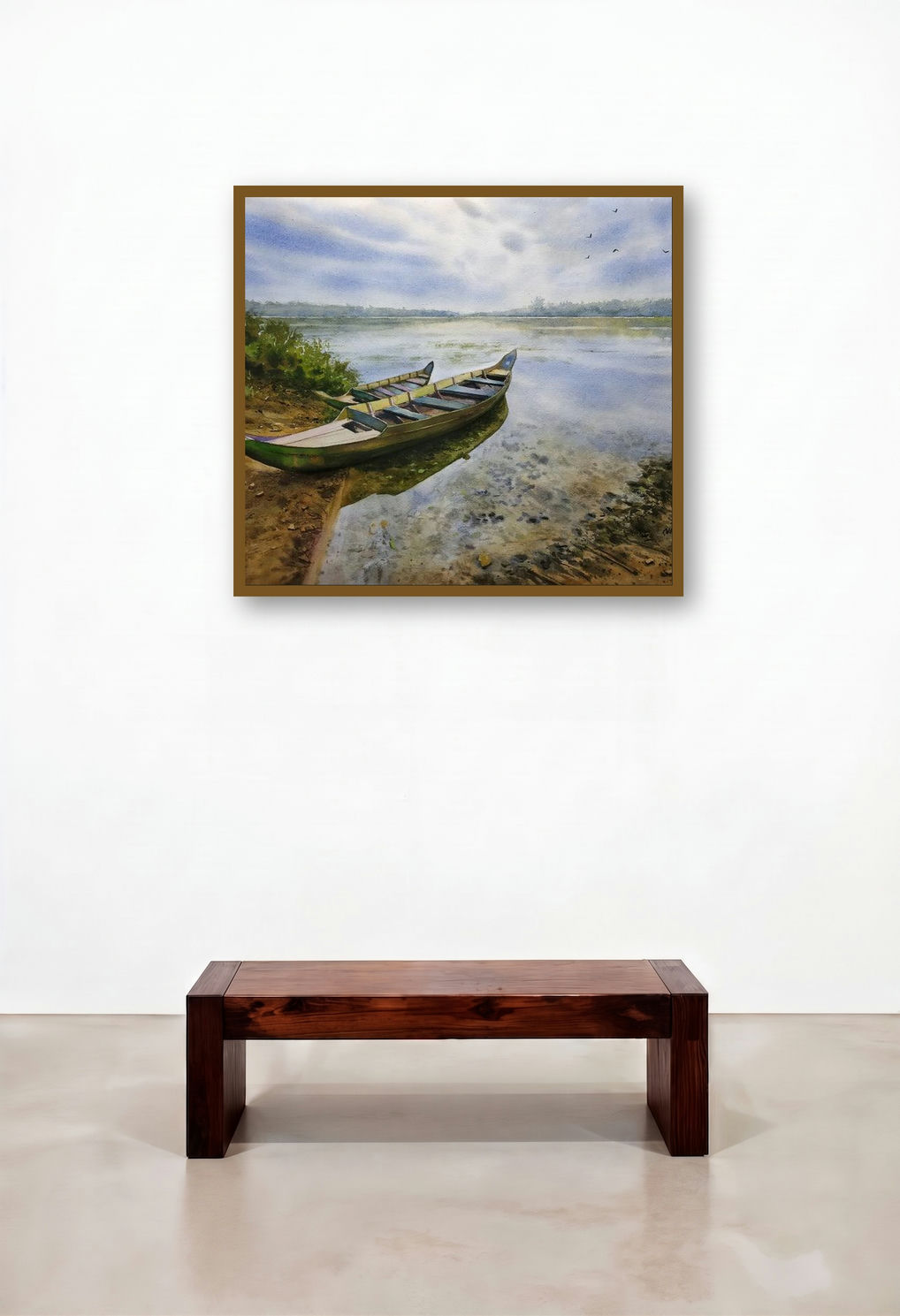 Two Boats (Tranquil Backwaters) by artist Niketan Bhalerao displayed in a Minimalist Home Office