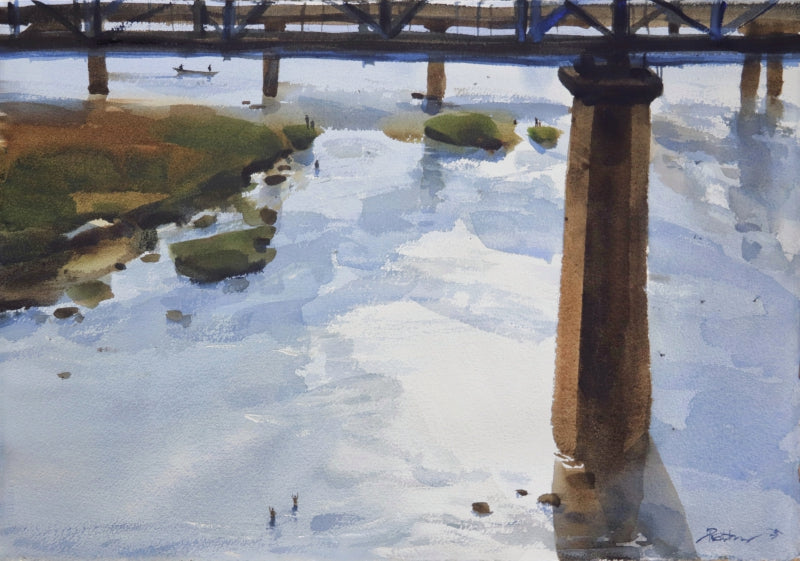 Two Bridges Apart' seascape watercolor painting by artist Prashant Prabhu, 15x22 inch, on archival paper