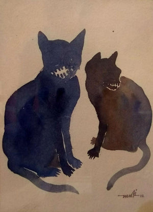 Two Cat (Feline Duo) by Charlee Correia, Original Watercolor Animal Painting on Paper, Small Vertical Wall Art