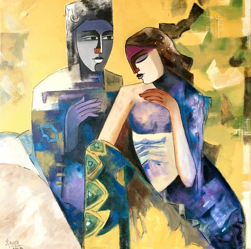 Twosome' figurative oil painting by artist Kavita Tambolkar, 24x24 inch, on canvas