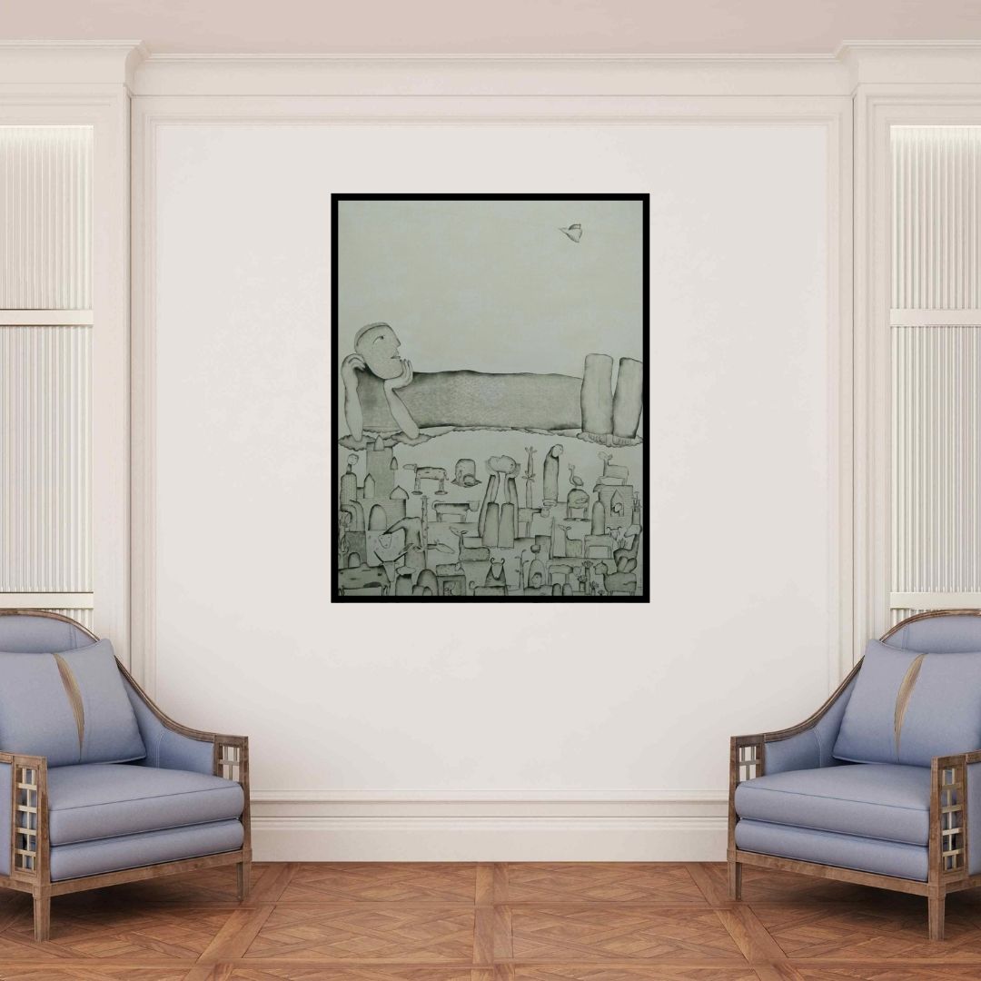 In-situ view of Taslim Jamal's 'Udaan 4 (Above the Fray)' painting in a room