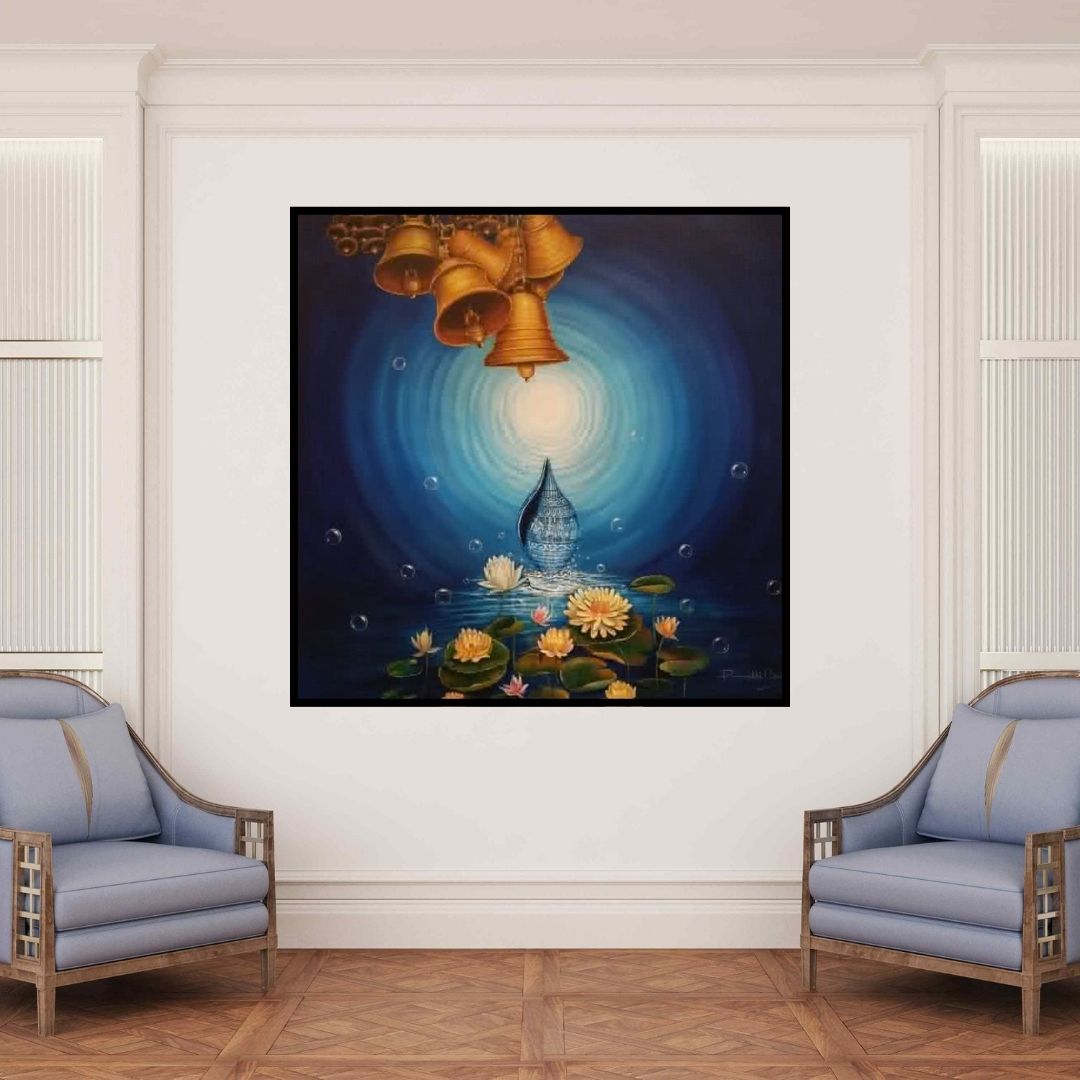 In-situ view of Rakhi Baid's 'Udita (Temple Bells and Lotus)' painting in a room