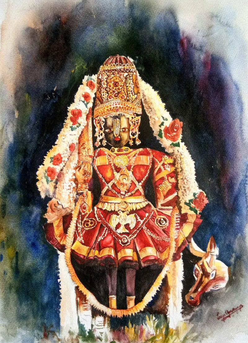 Figurative watercolor painting titled 'Udupi Shri Krishna', 22x28 inches, by artist Lasya Upadhyaya on Paper
