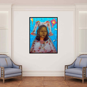 In-situ view of Pranita Das's 'Uljhe Manja (Masked Identity)' painting in a room