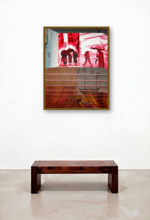 Umbrella Season (Crimson Rain: A Monsoon Day) by artist Ajinkya Patil displayed in a Boutique Hotel Style Living Room
