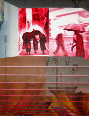 Umbrella Season (Crimson Rain: A Monsoon Day) by Ajinkya Patil, Print Acrylic Photorealistic Painting on Canvas, X-Small Vertical Wall Art