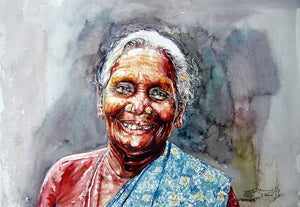 Un Bounded Smile Of Joy by Srv Artist, Original Watercolor Figurative Painting on Handmade Paper, Small Horizontal Wall Art