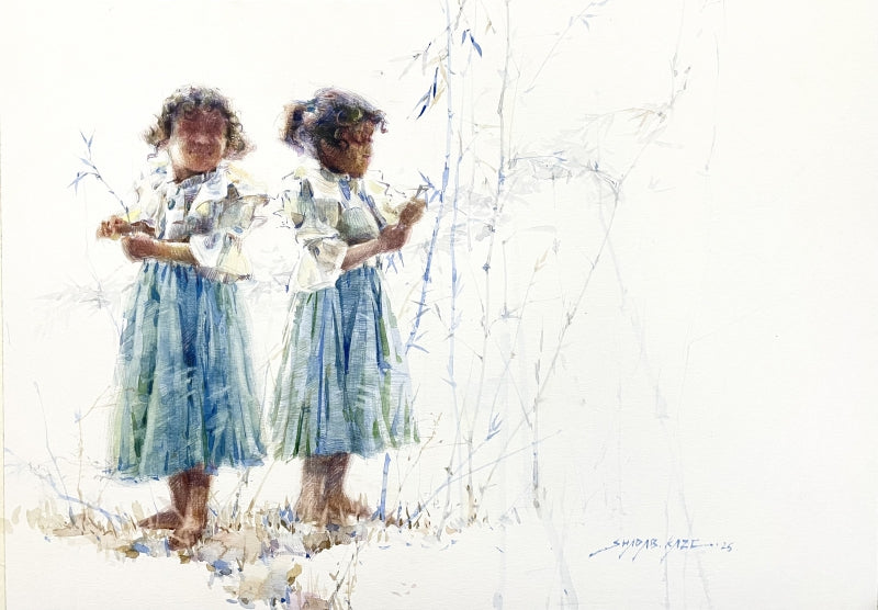Uncharted Childhood 2' figurative watercolor painting by artist Shadab Kazi, 12x16 inch, on paper
