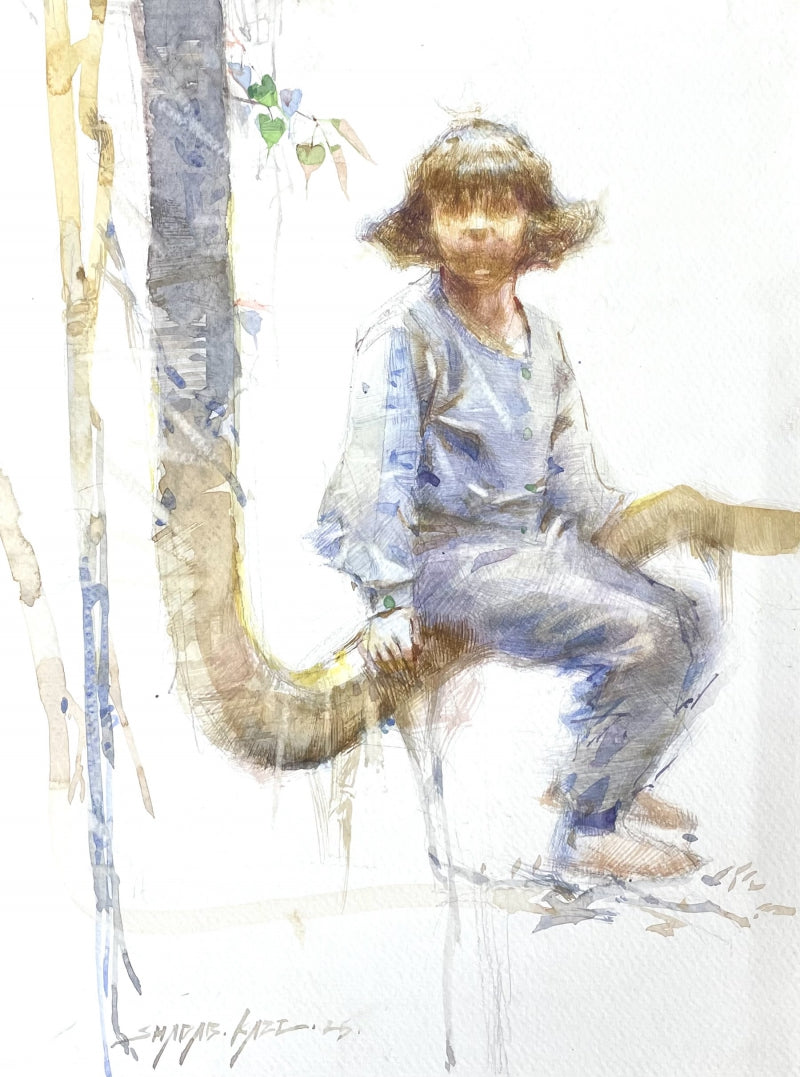 Uncharted Childhood 3' figurative watercolor painting by artist Shadab Kazi, 12x9 inch, on paper