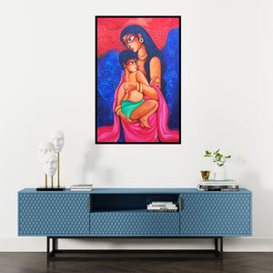 Preview of 'Unconditional Love' Painting by Pradip Goswami shown on a wall in a furnished room.