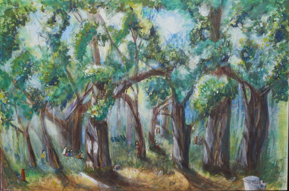 Nature acrylic artcontent titled 'Under my shade', 36x24 inches, by artist Celia Pillai on canvas