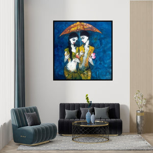 Preview of 'Under The Umbrella' Painting by Mukesh Salvi shown on a wall in a furnished room.