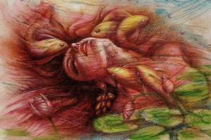 Under Water (Submerged in Dreams) by Darshan Sharma, Original Oil Figurative Painting on Canvas, Large Horizontal Wall Art