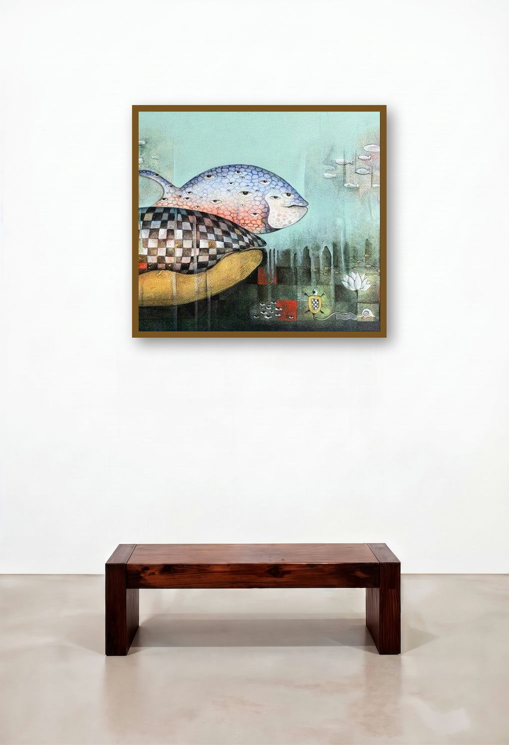 Underwater World 2 (Pond Life) by artist Pooja Mhatre displayed in a Rustic Home Office