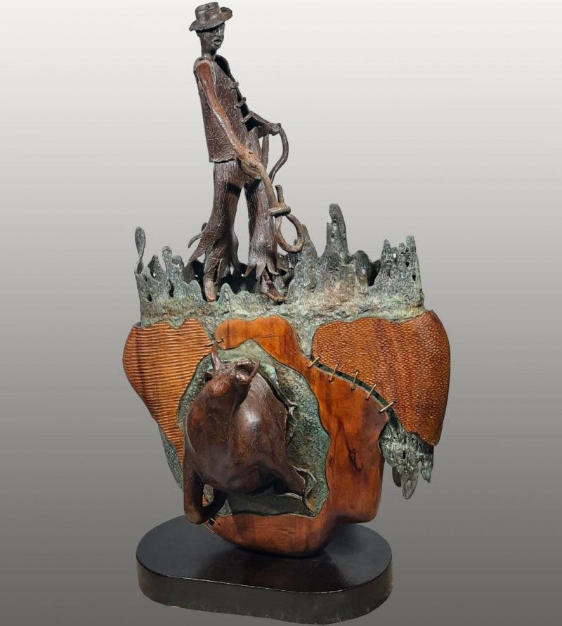 Figurative sculpture titled 'Uneven Competition', 34x21x20 inches, by artist Subrata Paul on Bronze, Wood
