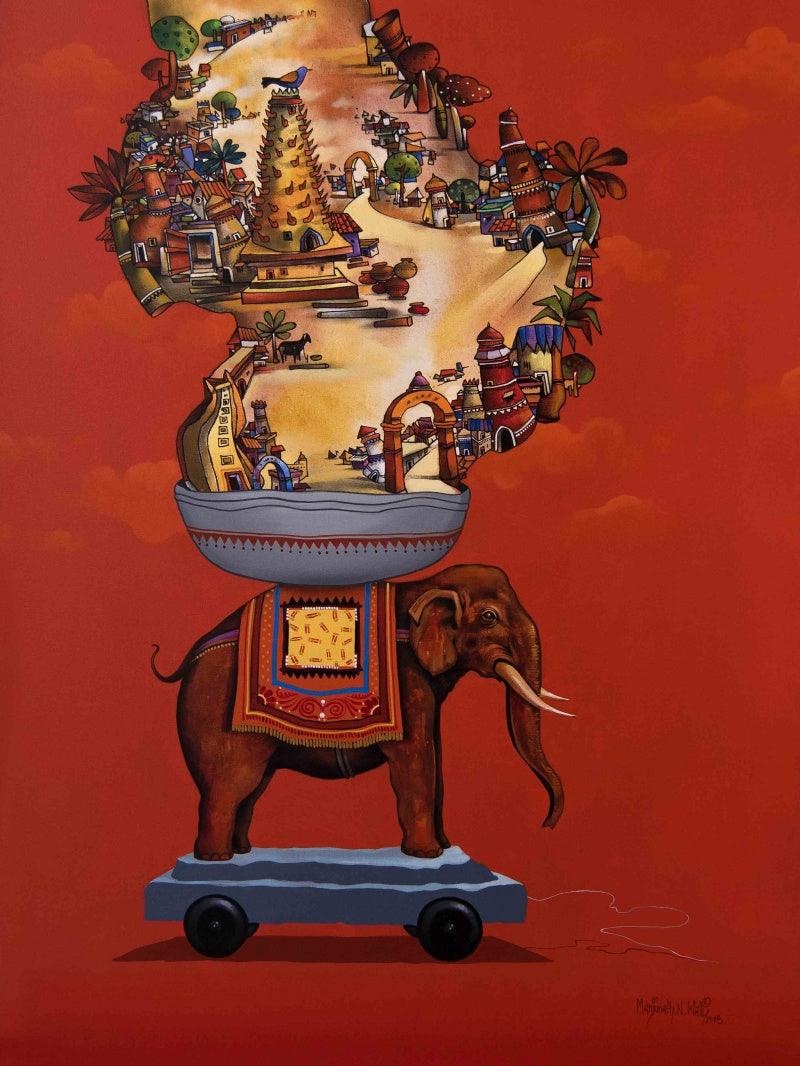 Animals mixed media painting titled 'Unforgettable Memories', 48x36 inches, by artist Manjunath Wali on Canvas