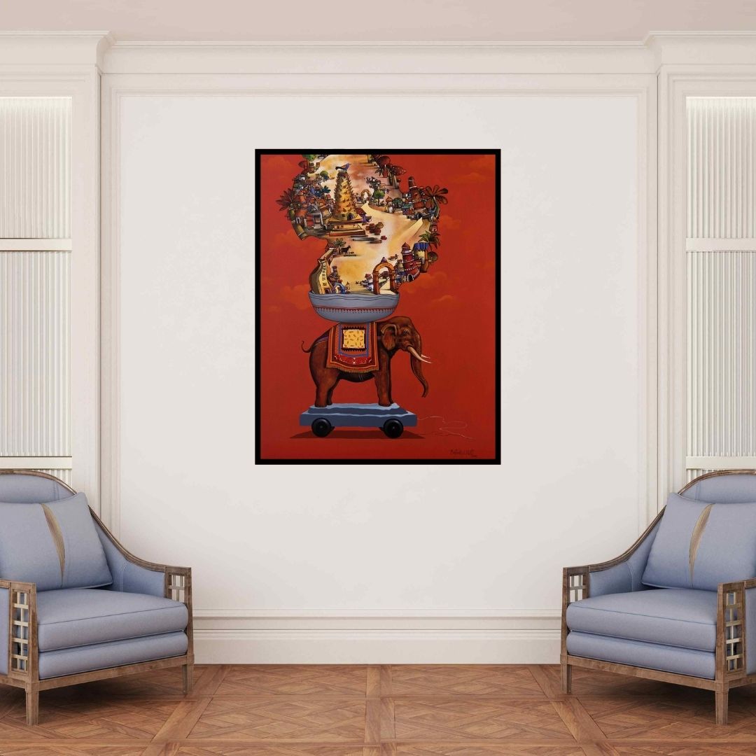 In-situ view of Manjunath Wali's 'Unforgettable Memories (Elephant Carrying Village)' painting in a room