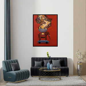 Preview of 'Unforgettable Memories (Elephant Carrying Village)' Painting by Manjunath Wali shown on a wall in a furnished room.