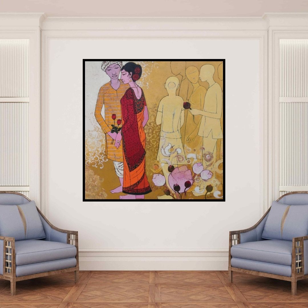 In-situ view of Rahul Mhetre's 'Unknown Known (Couple with Roses)' painting in a room