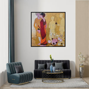 Preview of 'Unknown Known (Couple with Roses)' Painting by Rahul Mhetre shown on a wall in a furnished room.