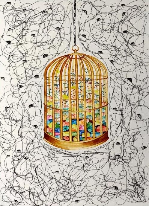 contemporary mixed media painting titled 'Unlearned Freedom', 22x15 inches, by artist Dishakha Yadav on Paper