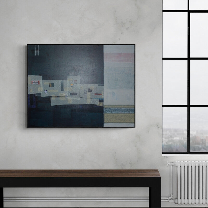 In-situ view of Rajnarayan Santra's 'Unreading Frame (Cityscape Fragments)' painting in a room