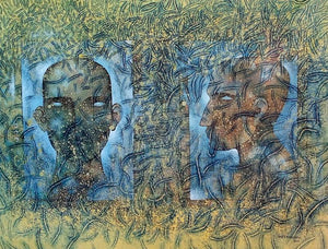 Unremembered Diary Notes (Celestial Dialogue) by Ranjith Raghupathy, Original Mixed Media Figurative Painting on Canvas, Medium Horizontal Wall Art