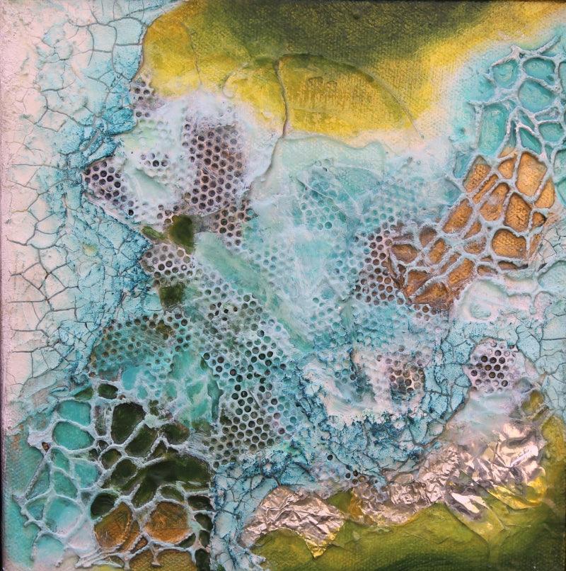 Abstract mixed-media painting titled 'Unspoken Space 5', 8x8 inch, by artist Ruchi Singhal on Canvas