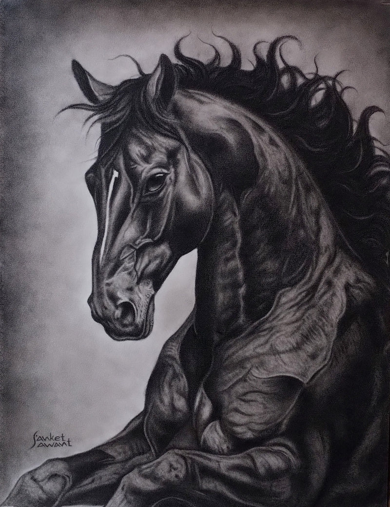 Unstoppable 1' animals charcoal painting by artist Sanket Sawant, 26x20 inch, on paper