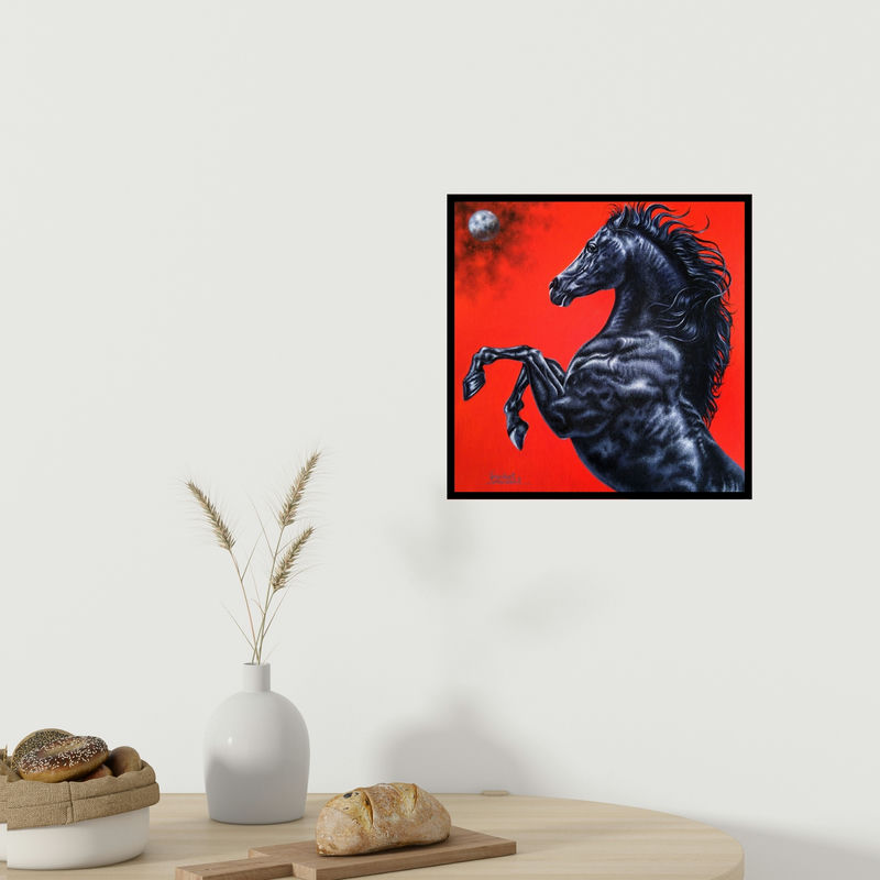 In-situ view of Sanket Sawant's 'Unstoppable (Night Stallion)' painting in a room