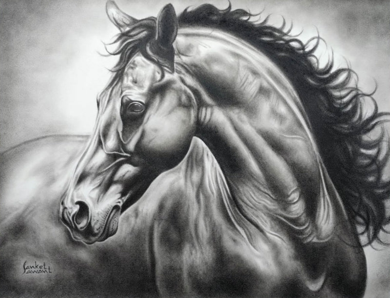 Unstoppable 2' animals charcoal drawing by artist Sanket Sawant, 20x26 inch, on paper