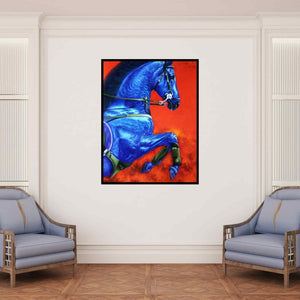 In-situ view of Sanket Sawant's 'Unstoppable 3 (The Blue Stallion)' painting in a room