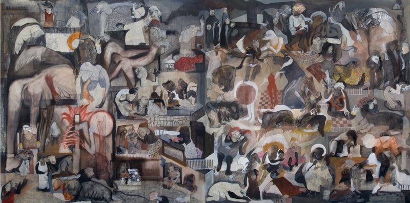 Untititled 3' contemporary mixed-media painting by artist Susmita Chowdhury, 48x96 inch, on canvas