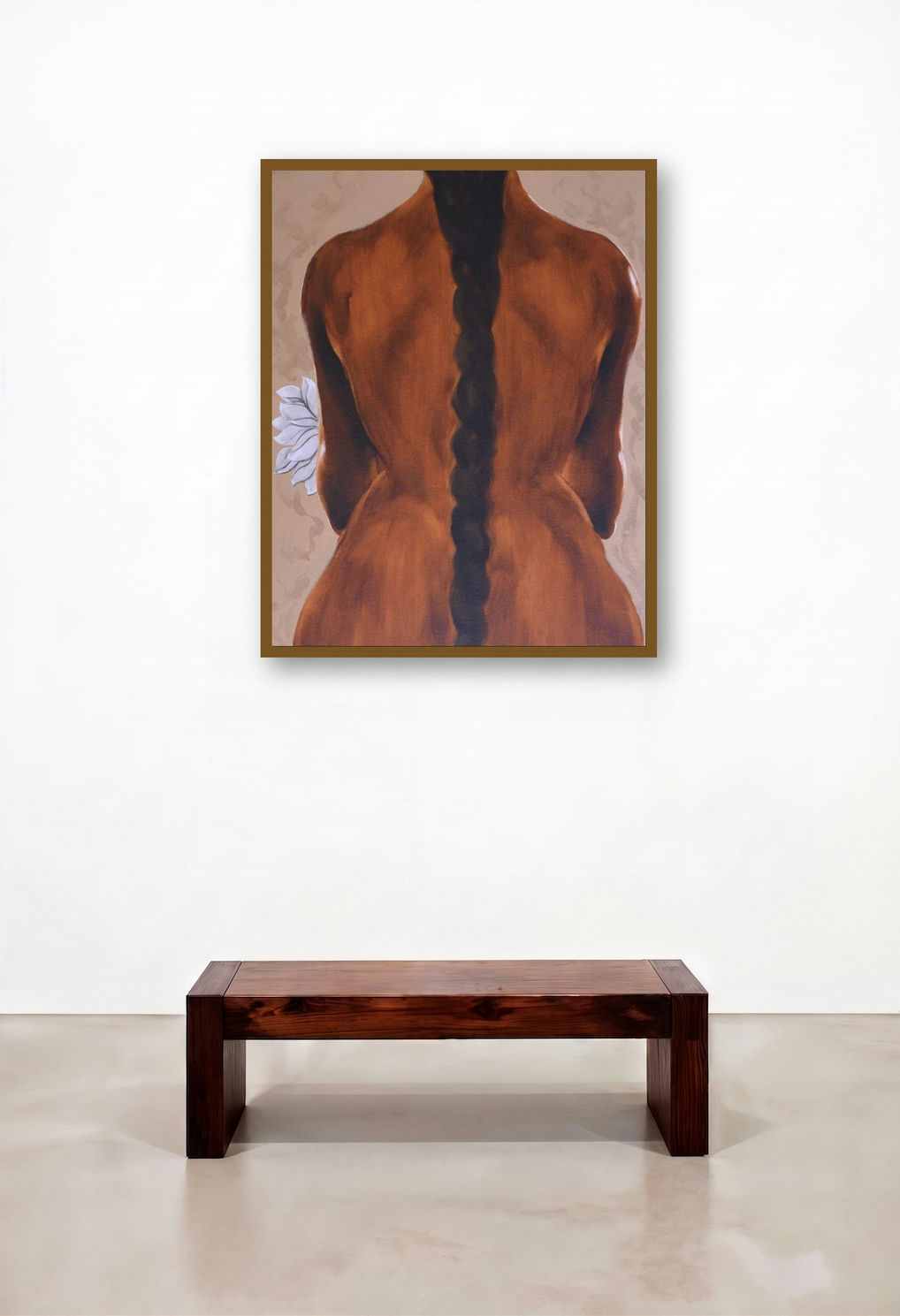 Untitle Iii (Contemplative Solitude: A Figurative Study) by artist Surendra Jagtap displayed in a Contemporary Luxury Family Room