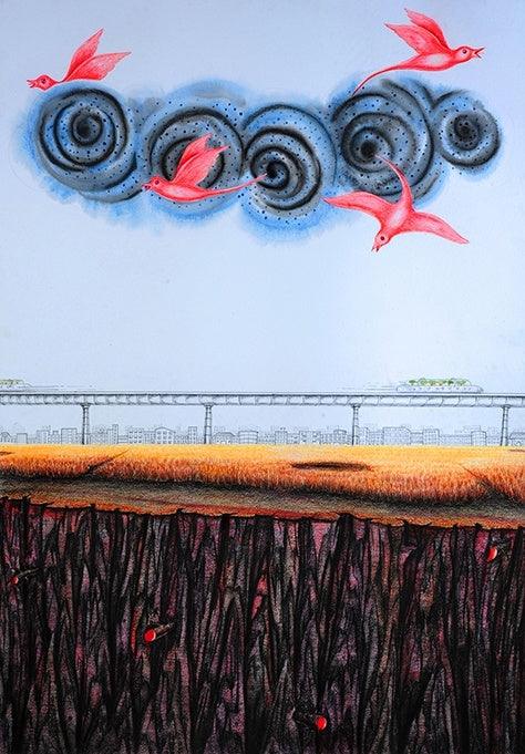 Landscape mixed media painting titled 'Untitled 01', 39x27 inches, by artist Sajith Puthukkalavattom on paper