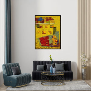 Preview of 'Untitled 1 (Cityscape Rhythm)' Painting by Sunil Ningule shown on a wall in a furnished room.