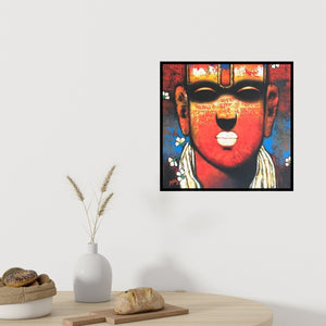 Preview of 'Untitled 1 (Divine Gaze)' Painting by Sujata Achrekar shown on a wall in a furnished room.