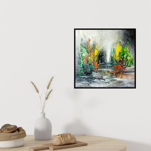 Preview of 'Untitled 1 (Abstract Landscape with Vibrant Colors)' Painting by Kamran Azim shown on a wall in a furnished room.