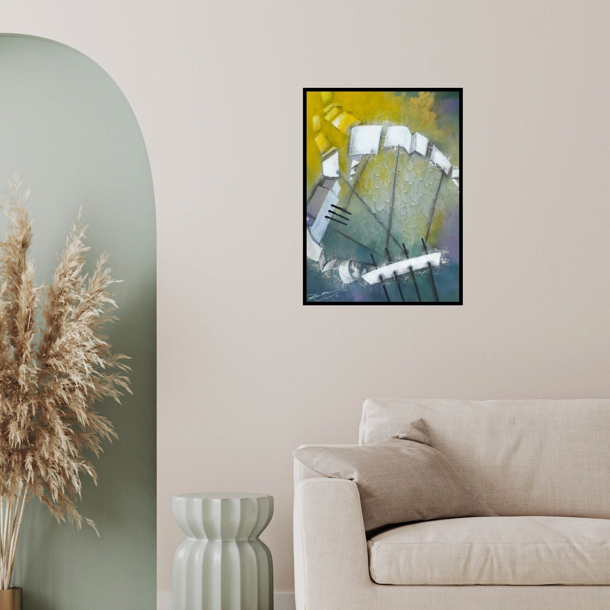 In-situ view of Vijayraaj Bodhankar's 'Untitled 1 (Abstract Composition)' painting in a room