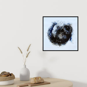 Preview of 'Untitled 1 (Abstract in Blue and Black)' Painting by Sonam Sikarwar shown on a wall in a furnished room.