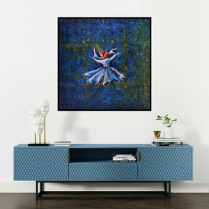 'Untitled 1 (The Dance of Ecstasy)' painting by Radhika Seksaria shown on a wall in a furnished room.