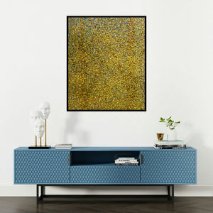 Vinit Kumar's 'Untitled 1 (Golden Reverie)' painting visualized above a sofa in a contemporary room.