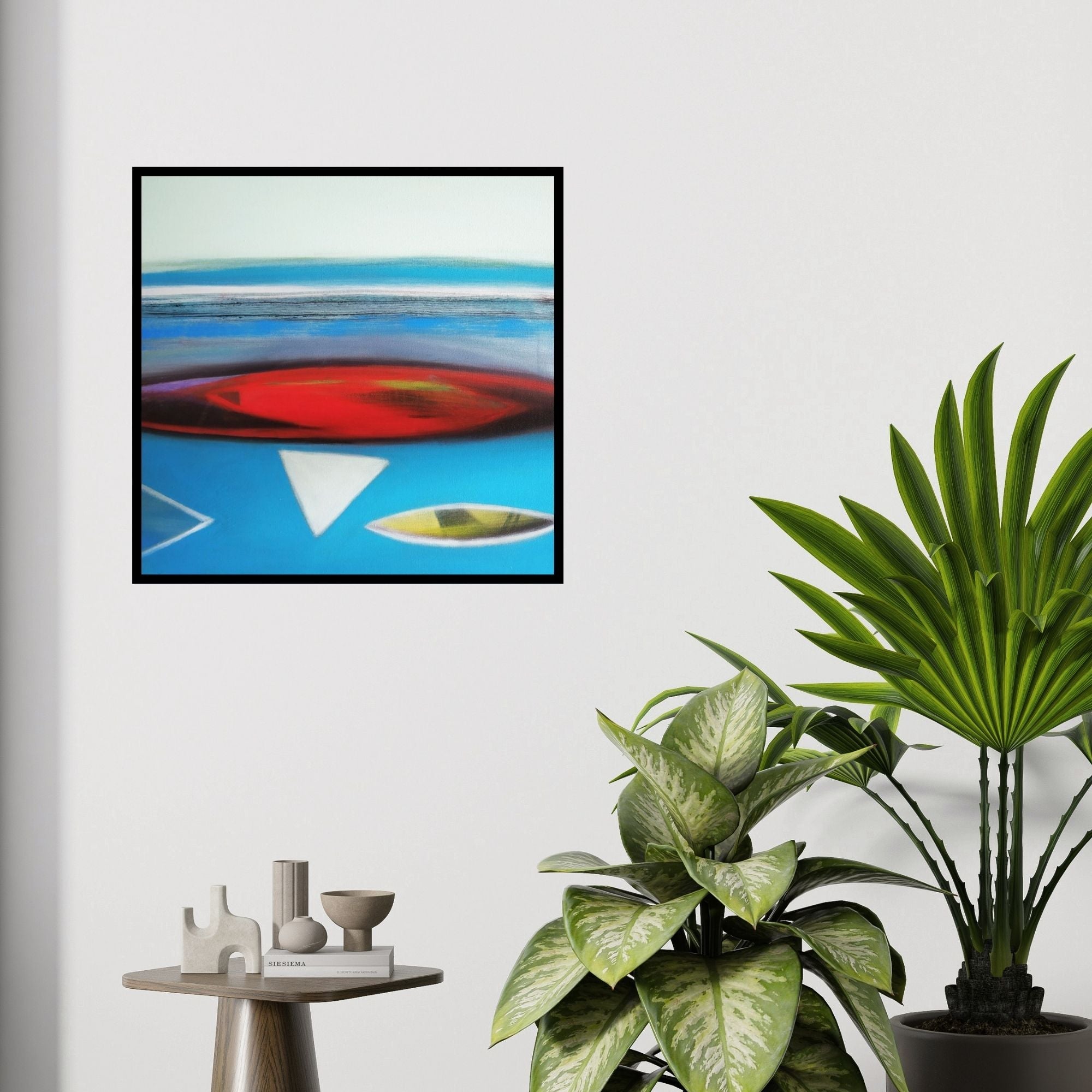 In-situ view of Yashwant Pawar's 'Untitled 1 (Abstract Coastal View)' painting in a room