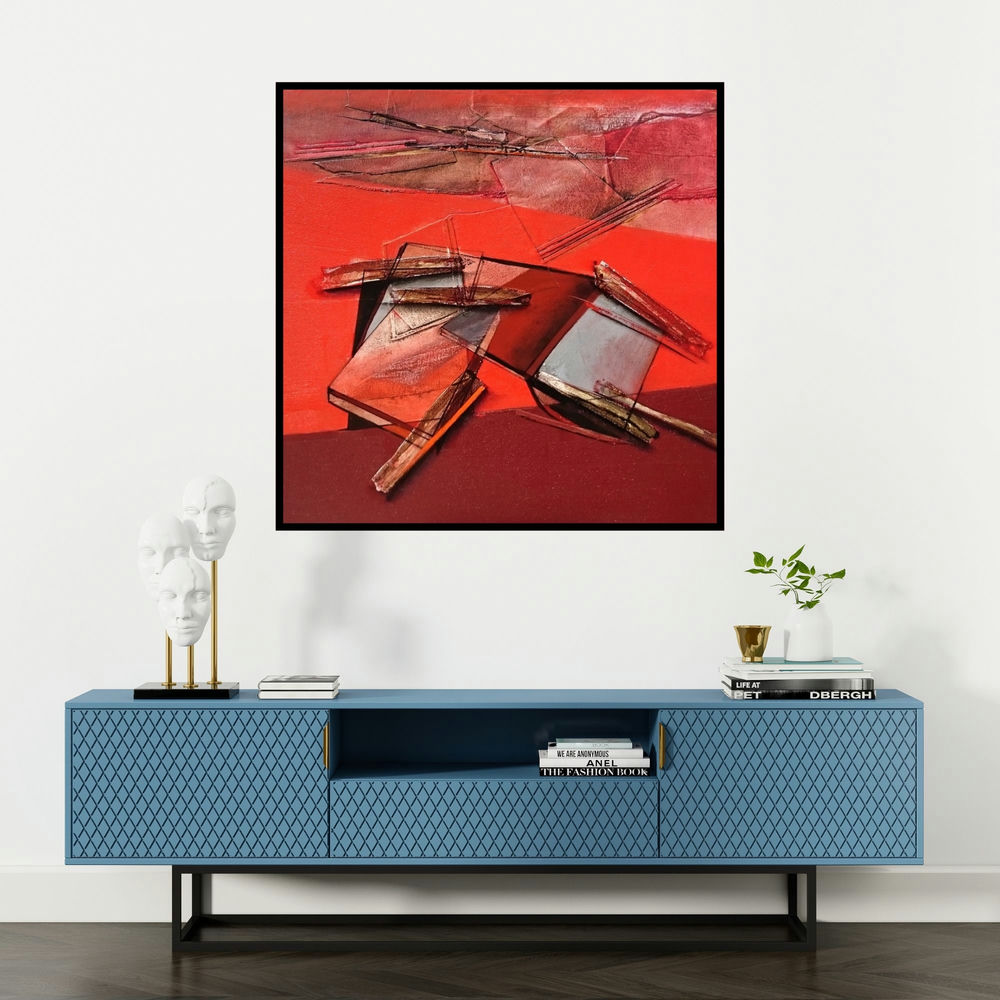 'Untitled 1 (Crimson Currents)' painting by Shilpa Patole shown on a wall in a furnished room.