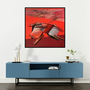 'Untitled 1 (Crimson Currents)' painting by Shilpa Patole shown on a wall in a furnished room.